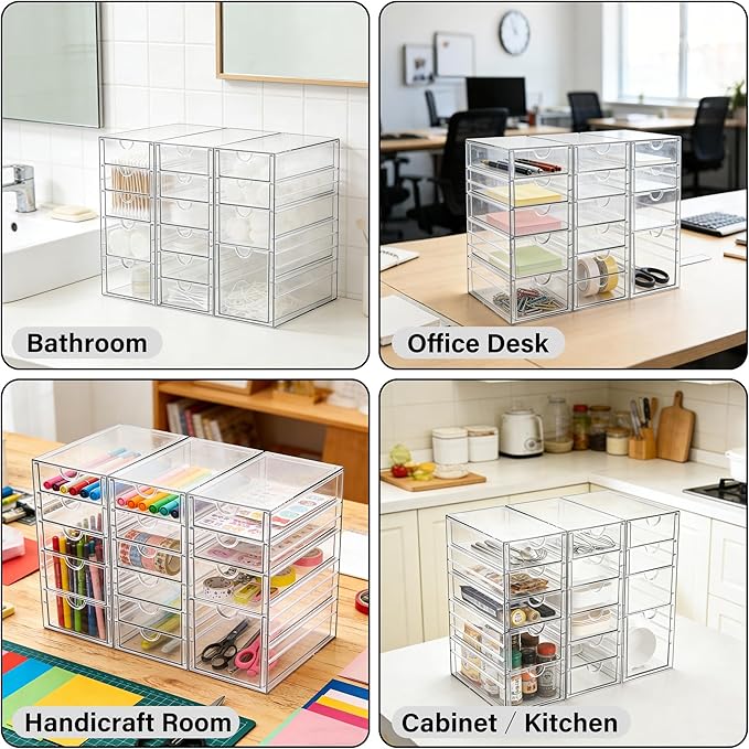 Prsildan Acrylic Drawer Organizer with 15 Drawers, Makeup Craft Office Desk Organizers Accessories, Set of 3 Clear Stackable 