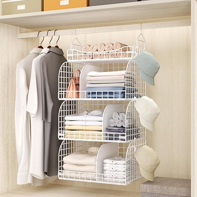 HapiRm Hanging Closet Organizer Storage - 3 Tier Metal Stackable Hanging Closet Shelves with Dividers and S Hooks, Foldable C