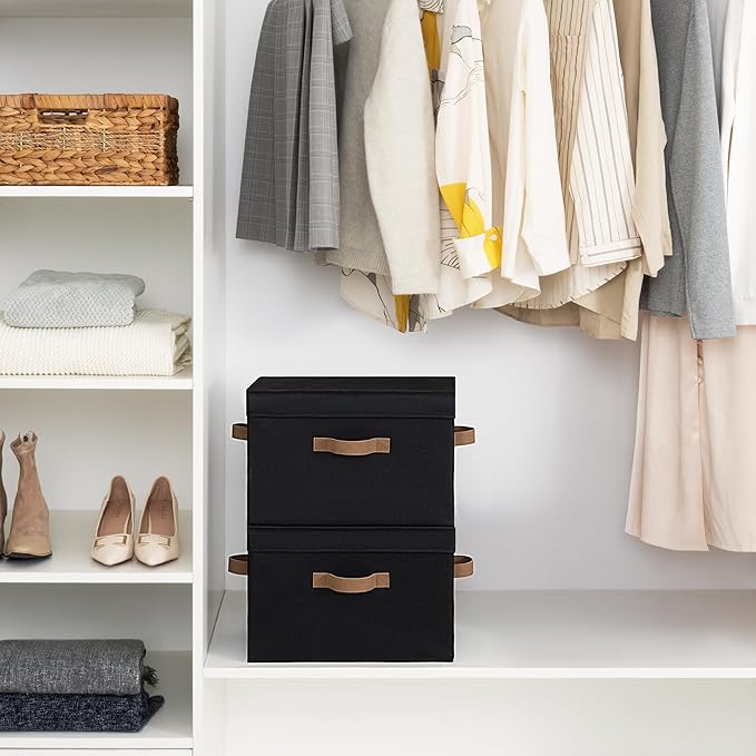 StorageWorks Fabric Storage Bins with Lid, Decorative Storage Boxes for Shelves, Stackable Closet Organizer Basket with Handl