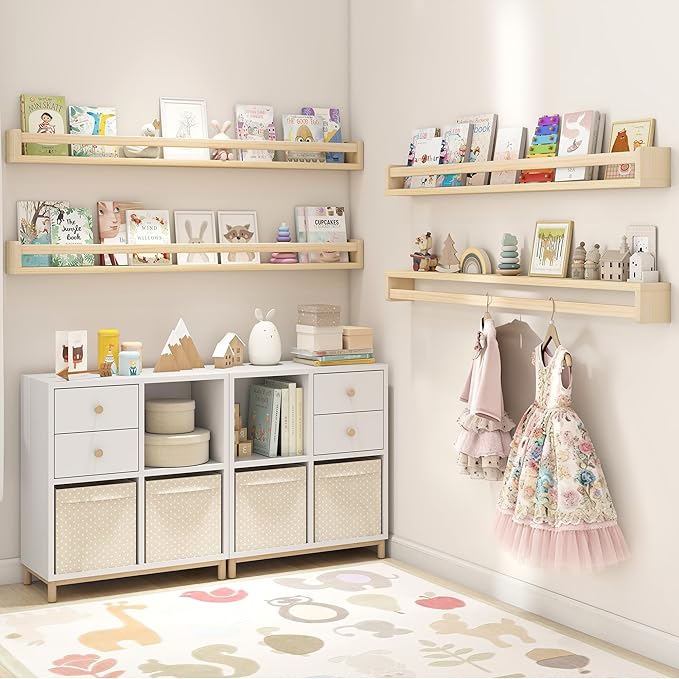 Fun Memories Nursery Book Shelves Set of 2, 48 Inch Solid Wood Wall Book Shelves, Kids Room Floating Shelves Organizer & Toy 