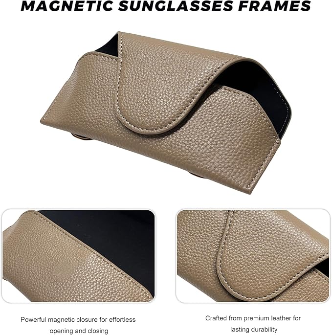 Sunglass Holder for Car Visor, Magnetic Auto Sun Visor Eyeglass Organizer with Dual Back Clips, Leather Glasses Protective Storage Case Universal for Most Vehicles Visors (Brown)