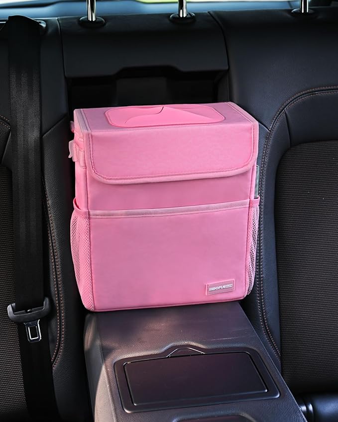 Car Trash Can Cute - Multifunctional Interior Car Accessory for Women, Car Organizer and Storage with Adjustable Straps, Car Stuff Storage 2 Gallons (Leopard-Print Pink)