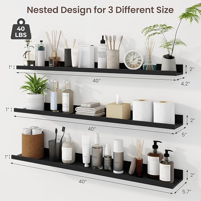 Axeman 40 Inch Floating Shelves | Black Picture Ledge Shelf Set of 3 | Rustic Wood Wall Shelves with Lip | 40" Black Picture 