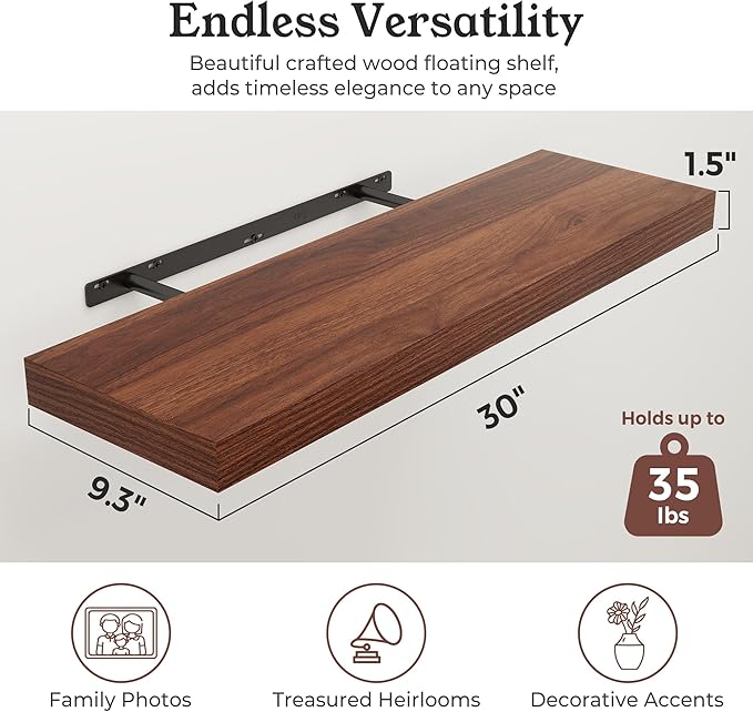 Floating Shelves for Wall, 9.3" Deep Wall Mounted Wood Shelves for Bathroom, Bedroom, Living Room, Kitchen, Hanging Shelf for