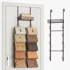SWTYMIKI Over The Door Purse Organizer - Wall Mounted Handbag Organizer with 10 Hooks and Metal Basket, Hanging Purse Storage