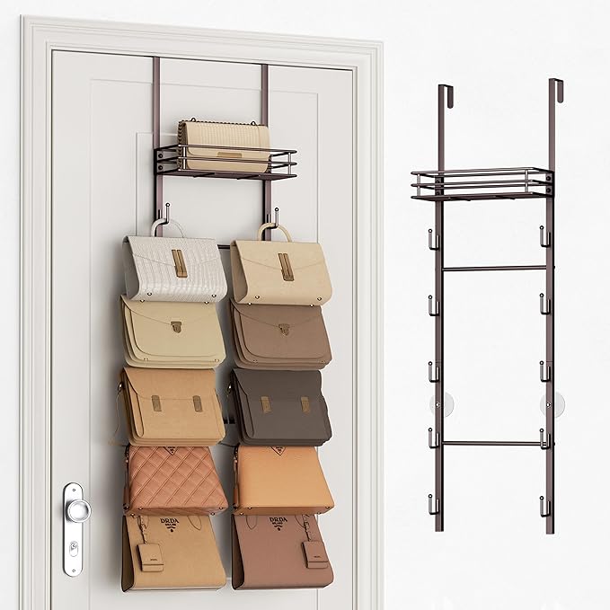 SWTYMIKI Over The Door Purse Organizer - Wall Mounted Handbag Organizer with 10 Hooks and Metal Basket, Hanging Purse Storage
