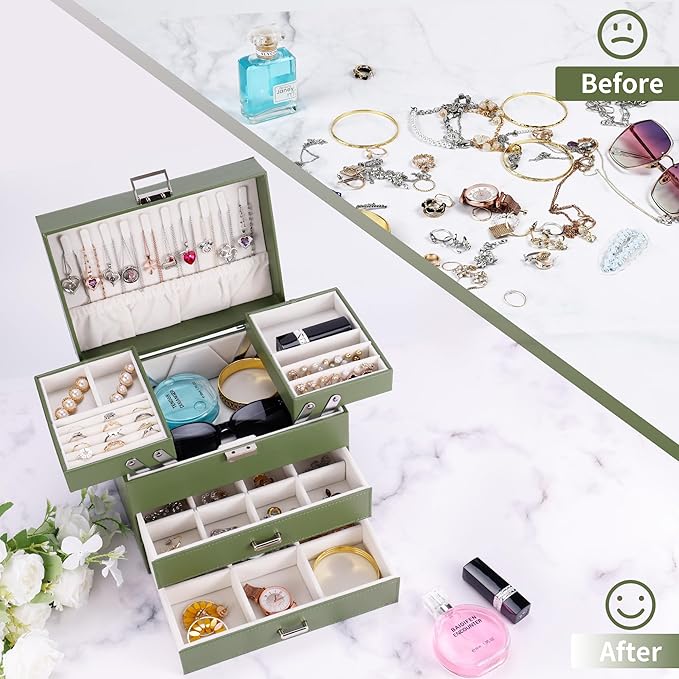 Dajasan Jewelry Organizer Box, Large Jewelry Boxes for Women Girls, Space-Saving 4 Layers Jewelry Storage Case with Drawer, M