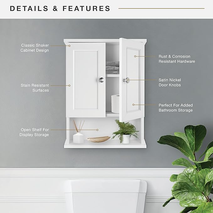 MCS 23x18 White Medicine Cabinet Organizer, Wall Mounted 2-Door Bathroom Cabinet for Over-The-Toilet Storage, Bathroom Furnit