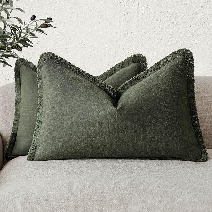 Foindtower Set of 2 Decorative Linen Fringe Lumbar Throw Pillow Covers Boho Farmhouse Cushion Cover with Tassels Accent Pillo