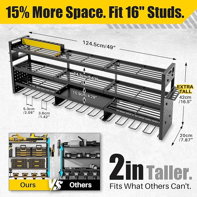 Power Tool Organizer Wall Mount | 8-Outlet TR Charging Station | Garage Storage Rack with Cordless Drill Holder | Heavy Duty 