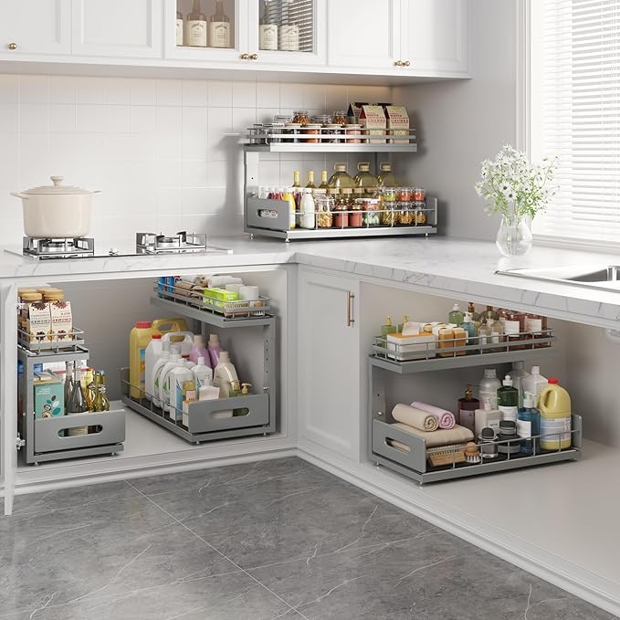Under Sink Organizer Upgrade To Professional Rails,2-Tier Dual Pull Out Cabinet Storage,Height Adjustable Slide Out Drawers F