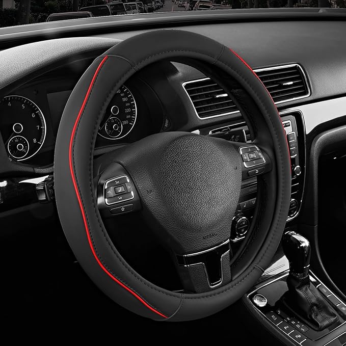 Road Comforts Leather Steering Wheel Cover with Decorative Trim and Piping, Anti-Slip Breathable Design, Fits 14.5–15 Inch Ro