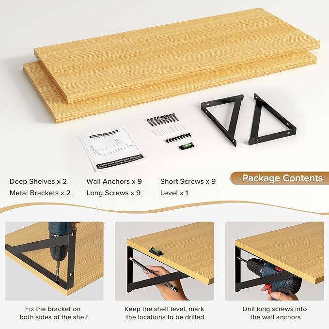 Deep Floating Shelves Wall Mounted, 30"x12" Oak Wall Shelves with Brackets Set of 2 for Bedroom, Living Room, Bathroom, Kitch