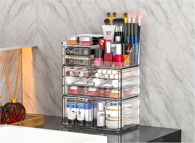 Cq acrylic 3 Pack Clear Makeup Organizer Countertop,Stackable 8 Drawers Skin Care Organizer,Cute Make Up Organizers for Vanit