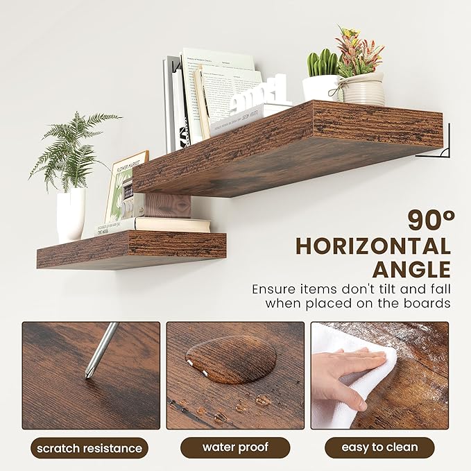 12 Inch Deep Floating Shelves | 36 Inch Brown Floating Shelves | 36" W x 12" D Rustic Wood Shelves for Wall | Deep Brown Shel