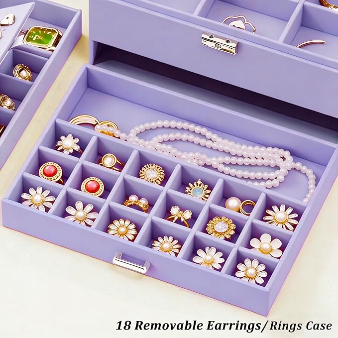 QBestry 3-Layer Jewelry Box for Girls & Teens with Lock and Key, Large Jewelry Organizer with 8 Necklace Hooks & 56 Earring H