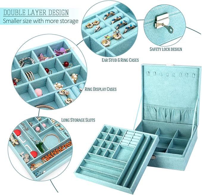 Two-Layer lint Jewelry Box Organizer Display Storage case with Lock (Blue)