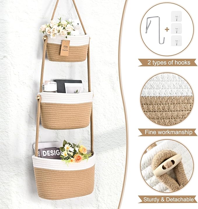 Hanging Storage Baskets, Over the Door Basket, Cotton Wall Baskets Storage, Hanging Door Basket with 4 Hooks