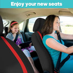 FH Group Unique Flat Cloth Full Set Car Seat Covers w. Silicone Steering Wheel Cover- Universal Fit for Most Cars, Trucks, SUVs or Vans (Red/Black)