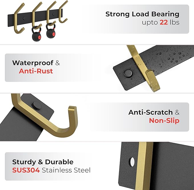 Coat Rack Wall Mount – Black and Gold Hook Rail with 4 Double Coat Hooks, 12 Inch Stainless Steel Wall Hooks for Entryway, Ba