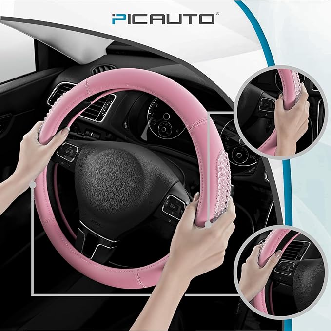 PIC AUTO Steering Wheel Cover, Glitter Gel Particles & Pink Luxury Leather Car Steering Cover, Universal Fit 14.5"-15.5" Anti