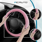 PIC AUTO Steering Wheel Cover, Glitter Gel Particles & Pink Luxury Leather Car Steering Cover, Universal Fit 14.5"-15.5" Anti