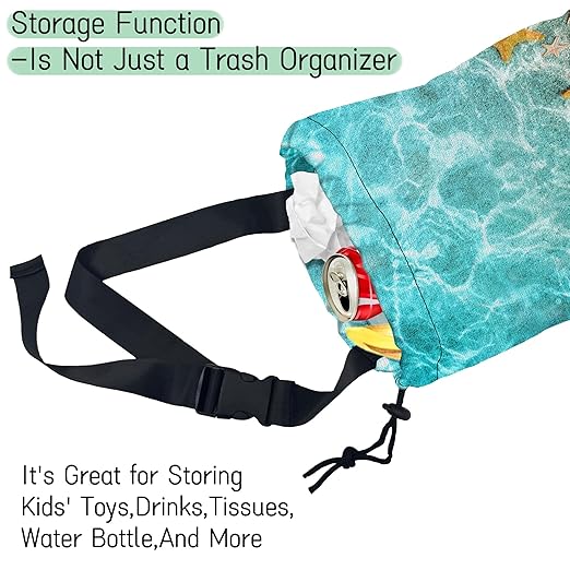 Starfish and Seashells Car Garbage Bag,Summer Ocean Waterproof Small Car Trash Bag Hanging Back of Seat,Drawstring Hanging Car Trash Bag with Adjustable Buckle for Car Accessories