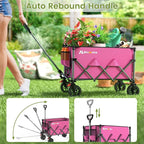 Collapsible Wagon Cart, 150L Heavy Duty Foldable Beach Wagon with Wider Wheels & Auto-Rebound Handle, Utility Grocery Shopping Cart for Garden, Shopping, Camping, Sports, Pink