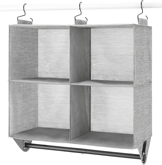 Whitmor Hanging Closet Organizer - 4 Section Closet Organizer with Garment Rod - Space-Dyed Grey