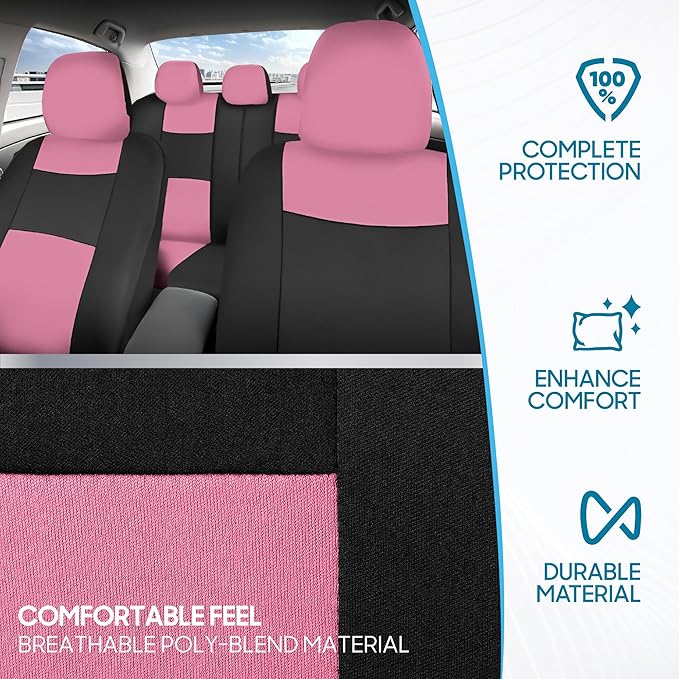BDK PolyPro Car Seat Covers Full Set in Pink on Black – Front and Rear Split Bench Seat Covers for Cars, Easy to Install Car 