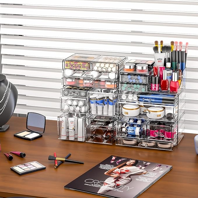 SUOXING Clear Acrylic Makeup Organizer for Vanity,Bathroom,Dresser,5 Drawer Make up Organizers for Counter,Plastic Countertop