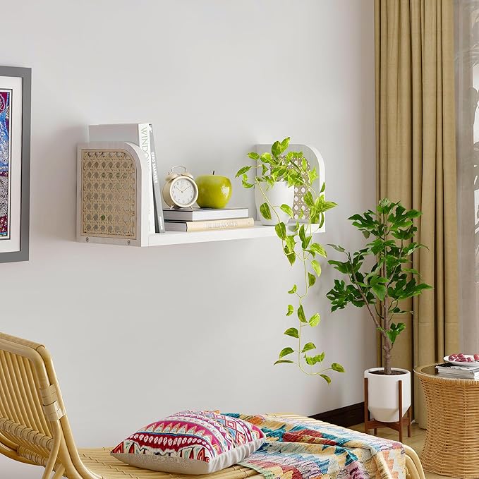 White Rattan Wall Shelf, Wooden Hanging Bookshelf Storage, Cute Nursery Shelves Wall Mounted, Boho Decorative Floating Shelve