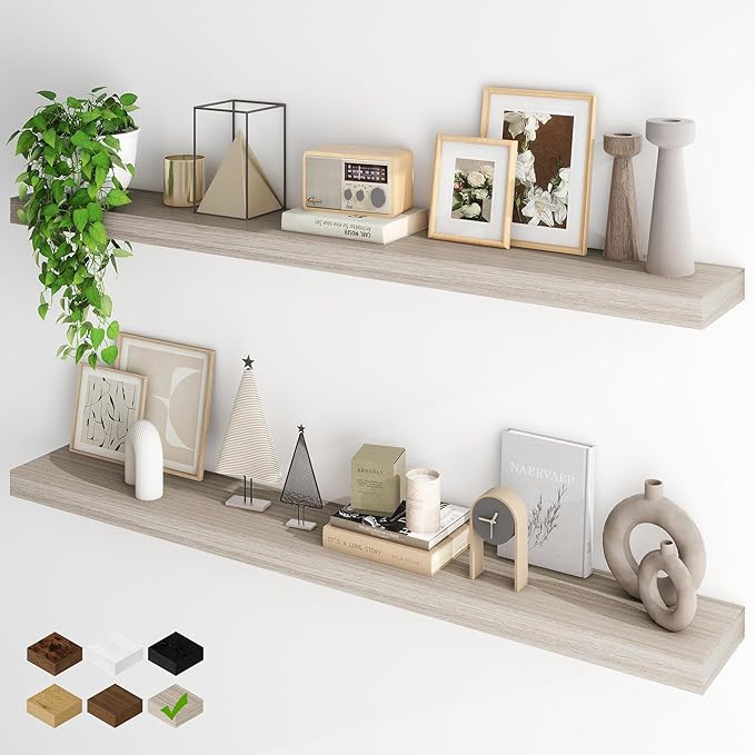 Fun Memories 55 Inch Fireplace Mantel - Long Floating Shelf, Wall Mounted Farmhouse Display with Invisible Heavy Duty Metal B