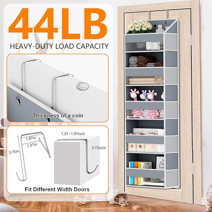 Over The Door Organizer - Over Door Storage Organizer with 5 Large Pockets & 10 Mesh Side Compartments - Heavy-Duty Hanging S