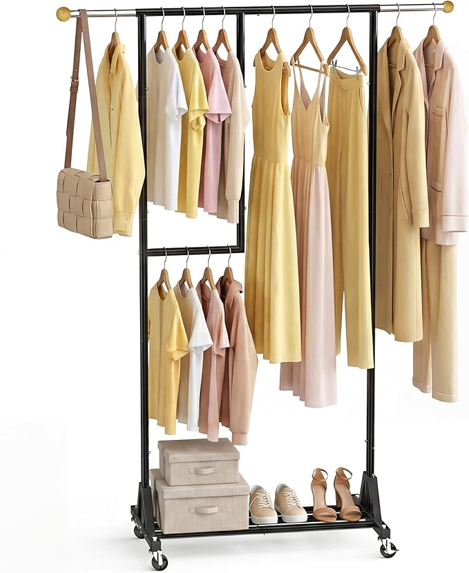 Rolling Clothing Rack with Bottom Storage Shelf & lockable Casters, Multi-tier Retractable Sturdy Garment Rack for Hanging Co