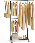 Rolling Clothing Rack with Bottom Storage Shelf & lockable Casters, Multi-tier Retractable Sturdy Garment Rack for Hanging Co