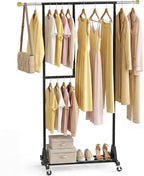 Rolling Clothing Rack with Bottom Storage Shelf & lockable Casters, Multi-tier Retractable Sturdy Garment Rack for Hanging Co