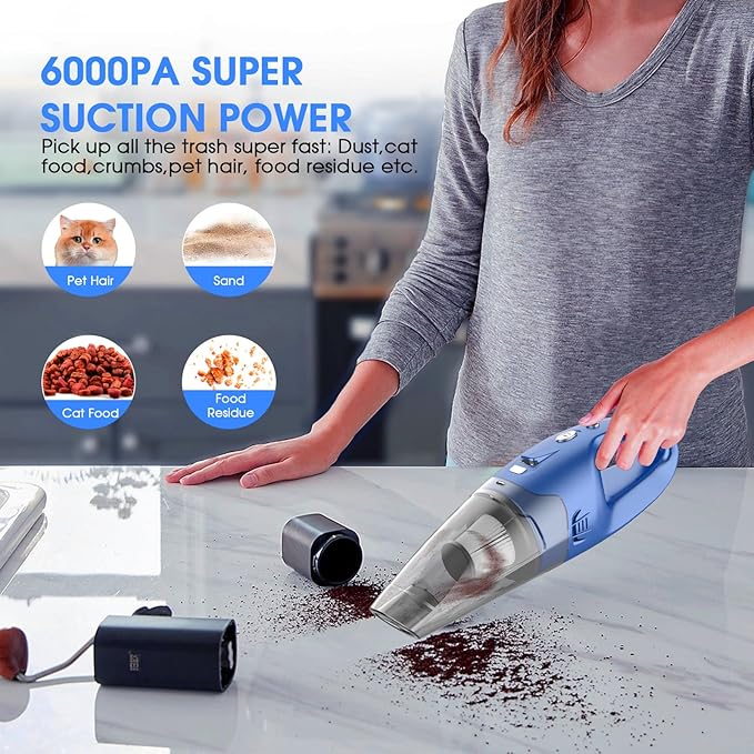 Handheld Vacuum Cordless Rechargeable – 6000Pa Mini Hand Held Vacuum, LED Light, 20–25 Mins Runtime, USB Charging, 500ML Cup 