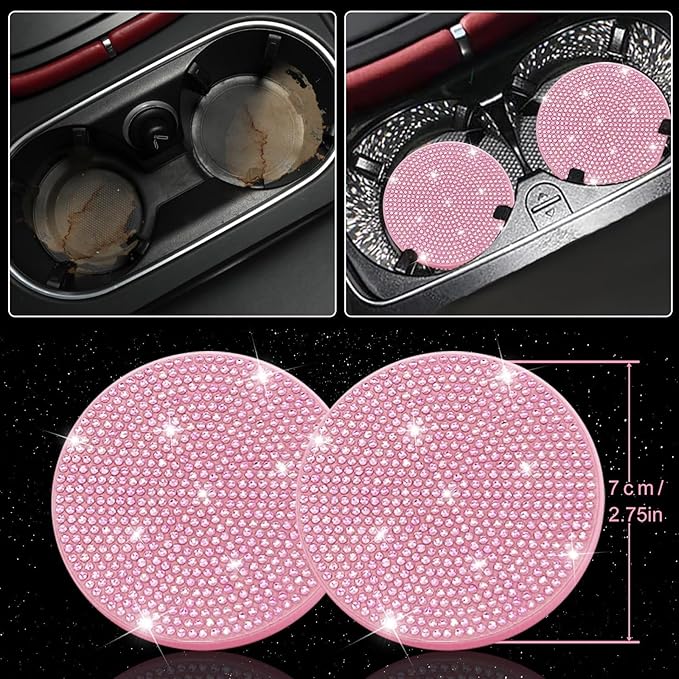 NBTEPEM 30 Pcs Pink Bling Car Accessories Set for Women, Pink Steering Wheel Cover Set, Bling Console Cover, Seat Belt Cushion, Shift Knob Cushion, Cup Coaster, Rhinestone Car Hanging Accessories