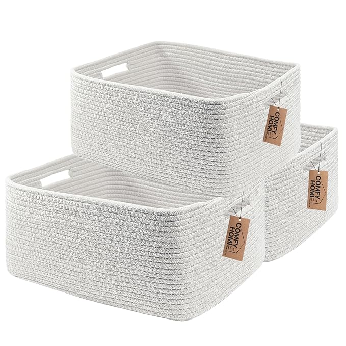 COMFY-HOMI 3 pcs Large Storage Baskets for Shelves, Laundry Basket, Woven Rope Basket, Closet Organizer Bins for Clothes Blan