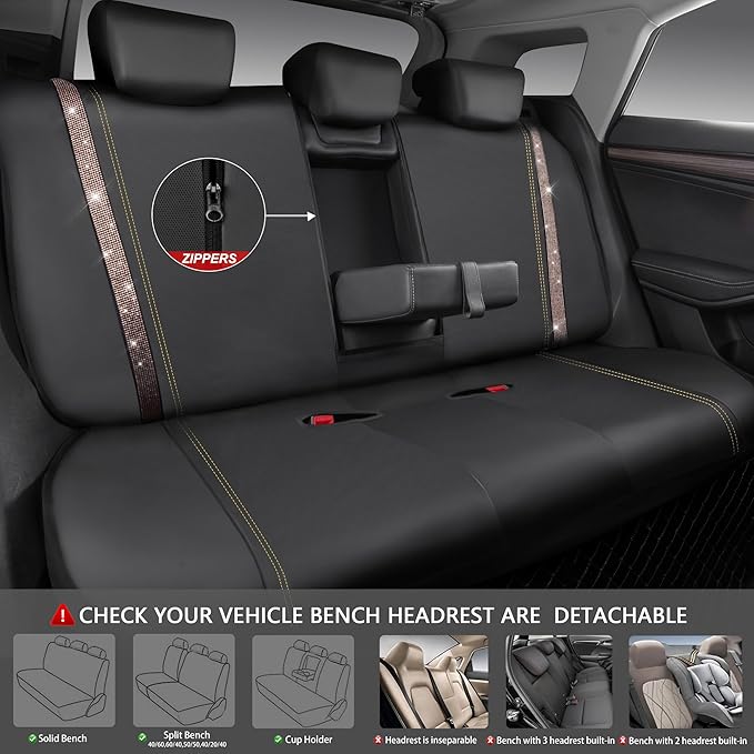 CAR PASS Bling Diamond Car Seat Covers Full Sets, Shining Rhinestone Waterproof Faux Leather, with Zipper, Universal Fit Automotive Glitter Crystal Sparkle Strips Cute Women Girl, Champagne Gold
