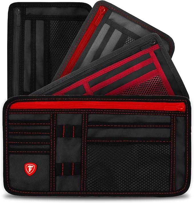 Firestone 1-Pack Car Sun Visor Organizer | 8 Compartment Car & Truck Visor Organizer with Holder & Slots for Sunglasses, License, Registration & More, Black Red