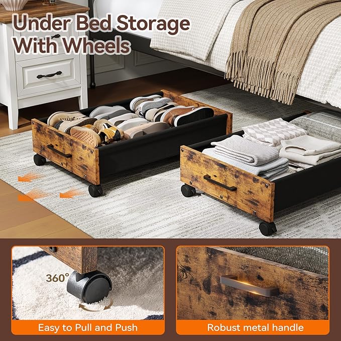 Under Bed Storage with Wheels, Wooden Under Bed Drawers On Wheels, Rolling Under Bed Shoe Storage, Space Saving, Rustic Brown