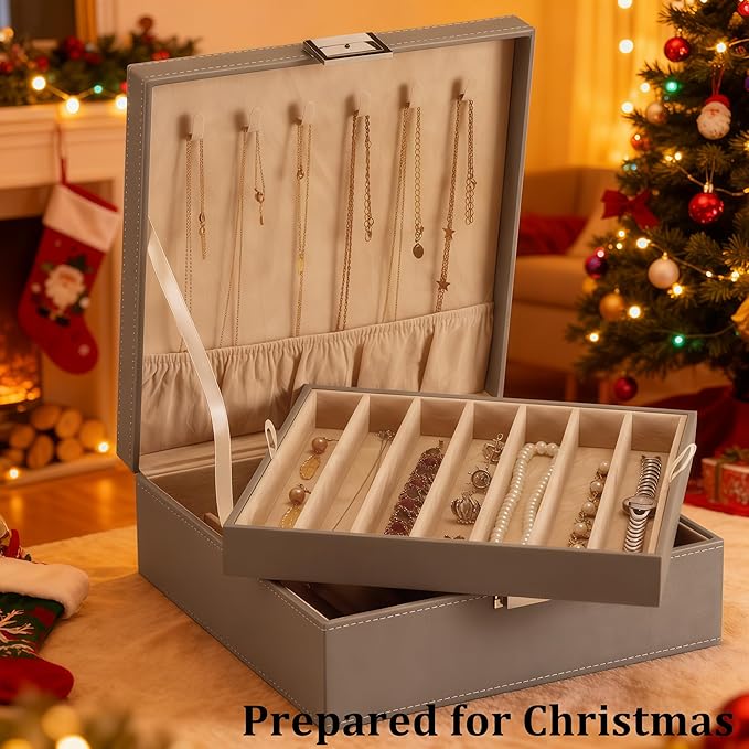 BEWISHOME Jewelry Boxes for Women, 2-Layer Necklace Organizer Box, Modern Style Jewelry Organizers and Storage with Removable