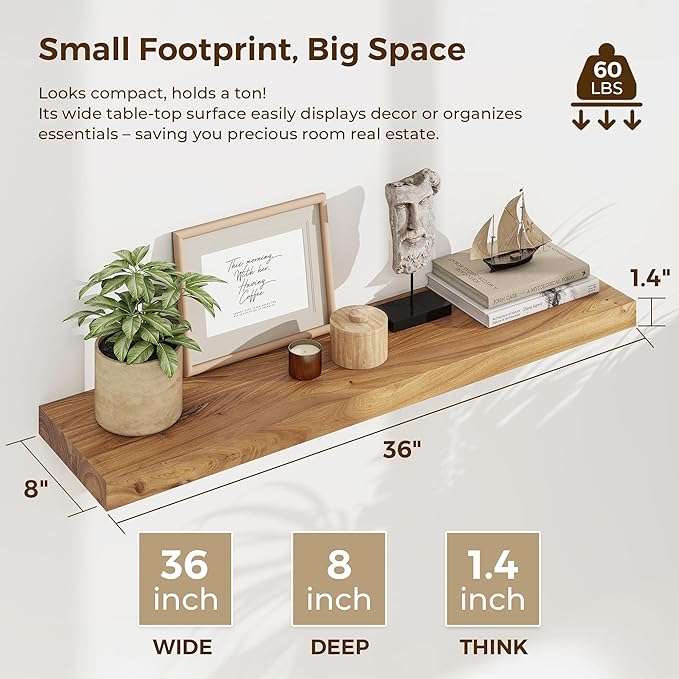 Wood Floating Shelves 36 Inch Long, Rustic Solid Elm Wood Shelves for Home Decor, 8 Inch Deep Wall Shelf with Invisible Brack