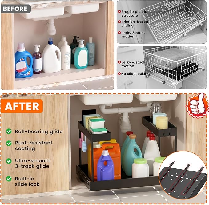 Expandable Under Sink Organizers and Storage,Width Adjustable (14.9-23.6IN),No Drill 2-Tier Pull Out Under Cabinet Organizer 