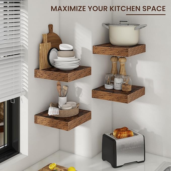 Square Floating Shelves for Wall, 12" W x 12" D x 2" H, 2 Pack of Small Wall Mounted Engineered Wood Shelves with Invisible B