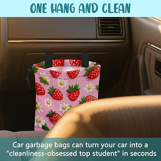 Car Garbage Bag Abstract Strawberry and Floral Hanging Canvas Car Trash Bag Drawstring Car Back Seat Organizer for Car Back Front Seat Console with Adjustable Buckle