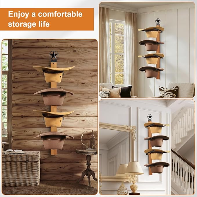 Cowboy Hat Rack, 4-Piece Western Hat Rack For Wall with Natural Wooden Board, Gift Cowboy Hat Holder for Wall Décor Keeps Ori