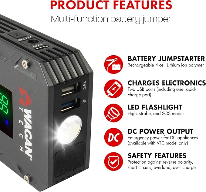 Wagan EL7507 Jump Starter iOnBoost V10 Torque 1000Amp Peak 12V Portable Lithium Car Battery Up to 7.8L V10 or 6.7L Diesel,